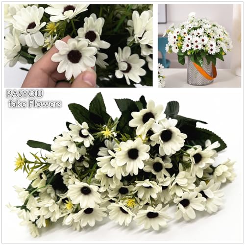 Artificial Daisies Flowers, Silk Daisy Fake Plants 4 Bundles Faux Flower Plant Shrubs Plastic Bushes for Home Farmhouse Decoration Wedding Bouquet Table Arrangement Planter Filler DIY Decor - White - color: Daisy 4 Pack - White
