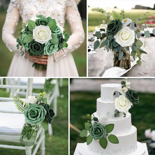AmyHomie 25pcs Real Looking Artificial Shades of Forest Roses w/Stem for DIY Wedding Bouquets Centerpieces Arrangements Party Baby Shower Valentines Day Christmas Tree Decorations - color: Shades of Forest Green