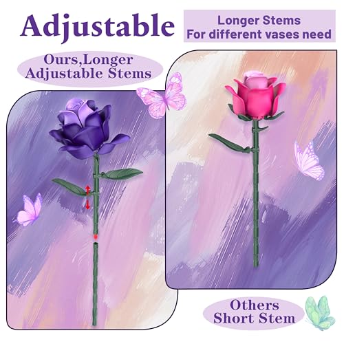 Purple Roses Flower Bouquet Building Sets, 834PCS Artificial Flowers Botanical Collection Compatible with Lego Flowers for Adults Gothic Decor, Valentines Day Gifts for Women Her Wife Girlfriend Mom
