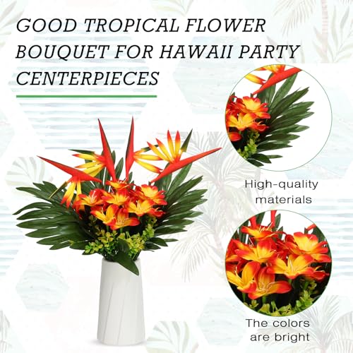 Hotop 4 Set/ 16 Pcs Artificial Tropical Flower Bouquets Bulk for Hawaii Centerpieces Bird of Paradise Lily Bouquet Permanent Flower Tropical Plant Party Office Home Decor (Sunset Red) - color: Sunset Red