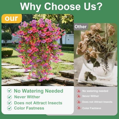 6 Bundles Artificial Flowers for Outdoors, UV Resistant Fake Hanging Flower, Realistic Silk Flowers for Indoor Outside Garden Patio Balcony Farmhouse Porch (Purple, Fuchsia) - color: Purple&fuchsia
