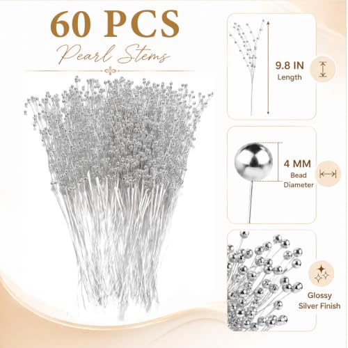 60 Pieces Pearl Stick Stems Bouquets, 4mm Bead String Garland Beaded Spray Filler Floral Arrangements Tree Picks Wedding Party Decoration, Mother's Day Flower Decor, Christmas Tree Picks (Silver) - color: Silver
