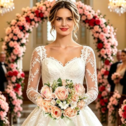 CYANLUX Wedding Bouquets for Bride Bridesmaid Bouquet Champagne White Artificial Roses Flowers for Wedding Valentine's Day Church Home Decoration (Champagne)… - color: Champagne