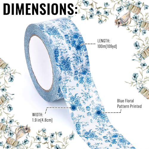 Whaline 109 Yard Blue Floral Packing Tape Chinoiserie Flower Pattern Tape Vintage Floral Waterproof Shipping Tapes for Small Business DIY Crafts Box Carton Decor - style: Blue Floral
