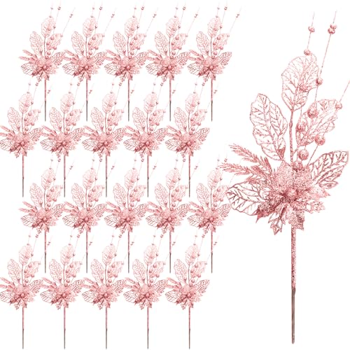 Tigeen 20 Pcs 16.5 Inch Rose Gold Artificial Glitters Christmas Picks Decoration Sprays with Flowers Berry Leaves or Xmas Decor Wreaths Wreath Vase Fillers - color: Rose Gold