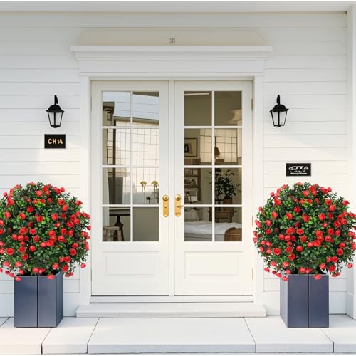 Artificial Boxwood Topiary Ball Trees with Red Rose, 2 Set of 16'' UV Resistant Fake Evergreen Shrubs Bushes Plants with Ground Spike Fake Plants for Outdoor Indoor Front Porch Garden - color: Red Rose