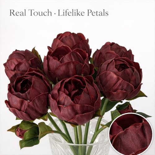 Artificial Peony Flowers 6 Pack 14 Inch Burgundy Real Touch Faux Peonies for Home Decor, Table Centerpieces, Wedding Bouquets - color: Burgundy
