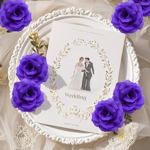 Rose Artificial Flowers, 50Pcs Purple Roses Head Flowers Bulk with Stem, 3 Inches Silk Rose Fake Flower Head for Wedding Party Home Decor DIY Baby Shower Centerpieces Tables Decoration(Deep Purple) - color: Purple