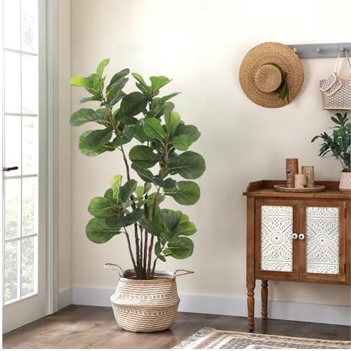 GlowSol Faux Fiddle Leaf Fig Tree, 4 Ft Artificial Ficus Lyrata Plant with 72 Fiddle Leaves, Fake Floor Plant in Pot for Indoor Outdoor Living Room House Office Bedroom Decor - size: 3ft 11in