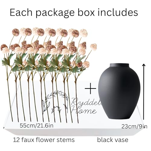 Artificial Flowers with Vase for Home Decor - Faux Mum Flower Arrangement Centerpiece, 12 Stems Beige and Brown Silk Flowers in Black Iron Vase for Dining Table Living Room Office Bedroom - size: Beige/Brown Bouquet in Vase