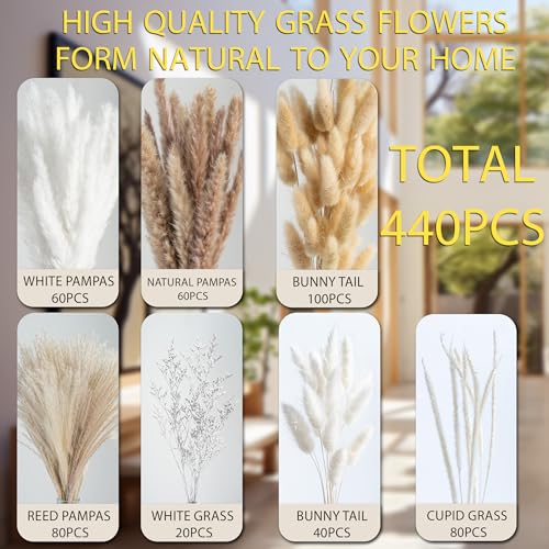 440PCS Natural Pampas Grass Decor Bouquet | Boho Dried Floral Arrangement Centerpiece Table Decor Wedding Decor Rustic Decor (440PCS) - size: 440PCS