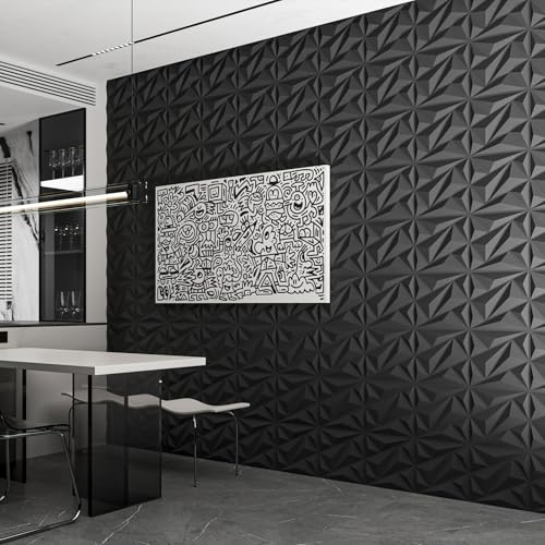 Art3dwallpanels 33 Pack 3D Wall Panel Diamond for Interior Wall Décor, PVC Flower Textured Wall Panels for Living Room Lobby Bedroom Hotel Office, Black, 12''x12'' Cover 32.Sq.Ft. - color: Black, size: 33 Pack