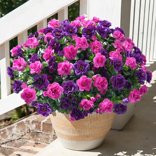 Artificial Faux Outdoor Flowers Plants for Spring Summer Decoration, Fake Silk Camellia UV Resistant Look Real for Planter Outside Front Door Porch Patio Balcony, 3 Large Bundles (Purple+Fuchsia) - color: Purple+fuchsia