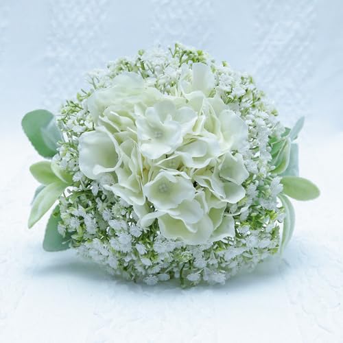 Artificial Bridesmaid Bouquets Set of 6 - Ivory White 9 Inch Flower Bouquet for Wedding Party Ceremony Anniversary Dinning Table Centerpieces Decor Faux (Hydrangea & Babys Breath & Ribbon) - color: Hydrangea