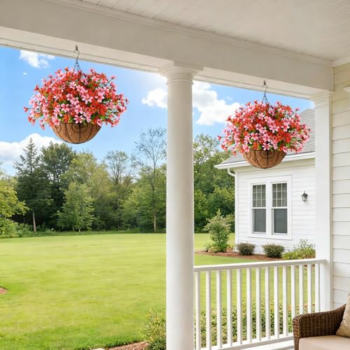 INQCMY Artificial Hanging Flowers for Outdoors, 5 Bundles UV Resistant Artificial Hanging Baskets,All Weather Fake Flowers for Patio, Porch, Yard, Window Box,Home for Spring Summer Decoration. - color: Red Pink