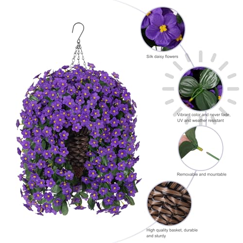Artificial Fake Outdoor Hanging Flowers Plants Basket for Outside Porch Decoration, Fake Silk Purple Daisy Flower UV Resistant Look Real Orchid Traing Vines for Home Balcony Yard Patio Garden Decor - color: Purple Daisy