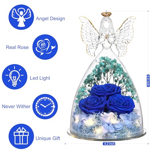 Mothers Day Rose Gifts for Women Preserved Real Flower in Glass Angel Figurines Roses for Delivery Prime Birthday Gifts for Mom Grandma Girlfriend Wife Her, Dark Blue - color: Dark Blue