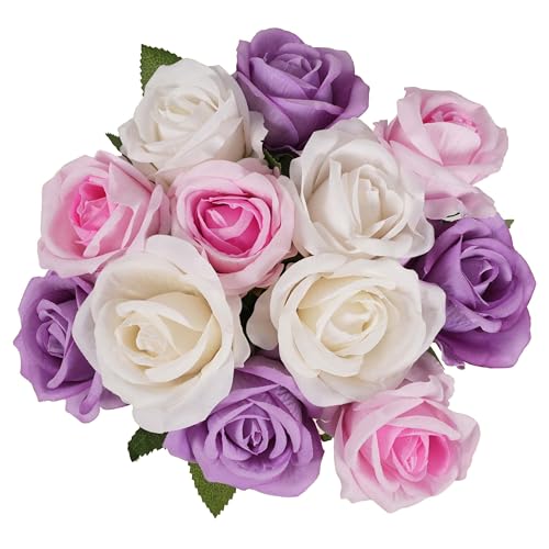 12PCS Artificial Realistic Silk Fake 3-Colored Roses Long Stem | 3 Colors Mixed Roses For Wedding Decoration, Party Table Decoration, Valentines Mother's Day - color: 4 Pink/4 White/4 Purple