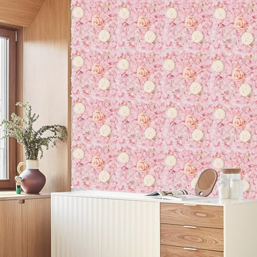 Wedding Arch Artificial Flowers Panels, 16pcs Silk Rose Floral Wall Backdrop, 13.8 x 13.8in Artificial Flowers Garland for Wedding Party Table Decoration, White (Pink, 16 Pcs) - color: Pink, size: 16 Pcs