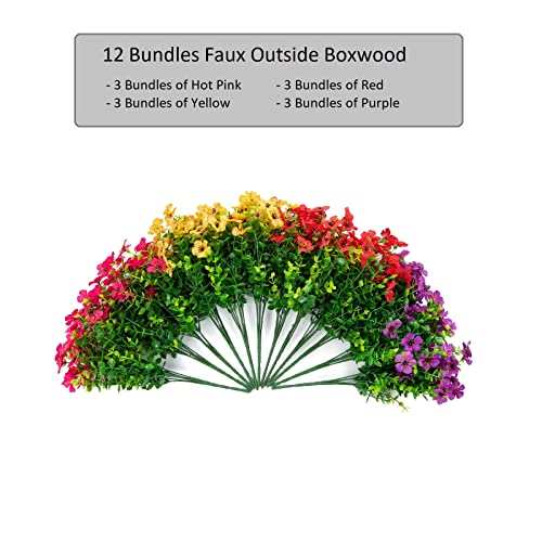 florisso Artificial Flowers for Outdoors Daisy 12 Bundles for Home Decoration, Faux Flower Fake Plants Outside Decoration with Eucalyptus UV Resistant for Planter Porch Patio Yard Garden Colorful - color: Purple Pink Yellow Red
