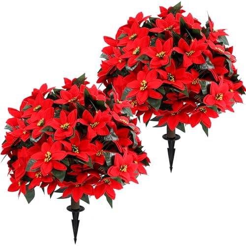 Artificial Poinsettia Topiary Ball Tree 27" with Ground Spike, Set of 2 Artificial Boxwood Bushes for Faux Shrubs, Fake Evergreen Faux Plant for Indoor Outdoor Porch Garden- UV Resistant – Fade-Proof - color: Poinsettia