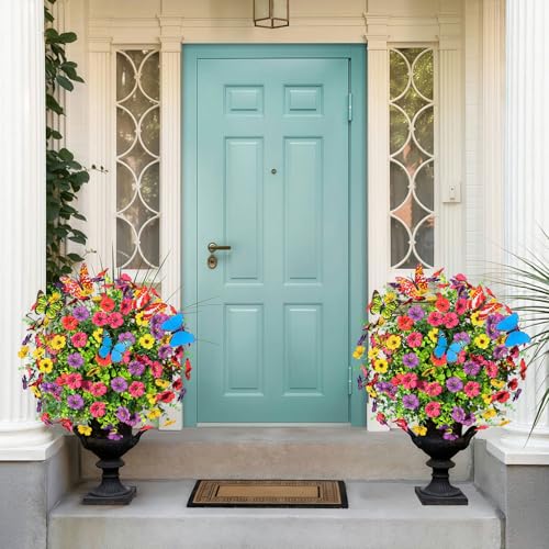 ICX 2 PCS Artificial Boxwood Topiary Ball Trees with Flowers, 23.6" Outdoors Fake UV Resistant Plants Faux Eucalyptus Shrubs Bushes for Porch Patio Garden (Butterfly) - color: Mix With Butterfly