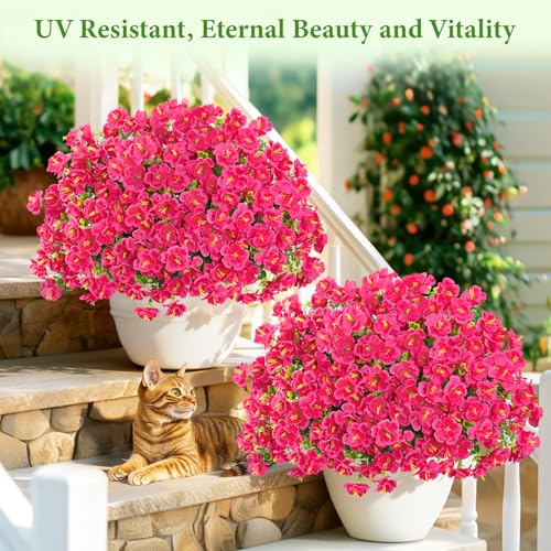 MARTINE MALL 12 Bundles Look Real Artificial Flowers for Outdoors, Realistic Fake Outdoor Flowers, UV Resistant Silk Flowers for Outside Faux Flowers Plants for Outdoor planters Porch, Rose Red - color: Rose Red, size: 12 Bundles