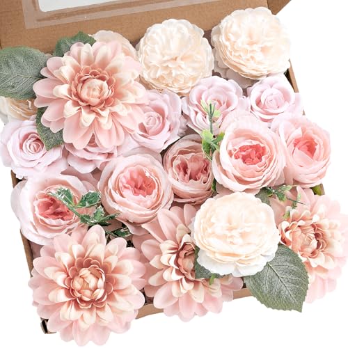 BSMYBO Artificial Pink Flowers Fake Roses Peony Dahlia Combo Box Set Gradient Blush Pink Flowers Leaf with Stems for DIY Wedding Bouquets Table Centerpieces Baby Shower Bridal Party Home Decorations - color: Baby Pink, size: PureBlooms