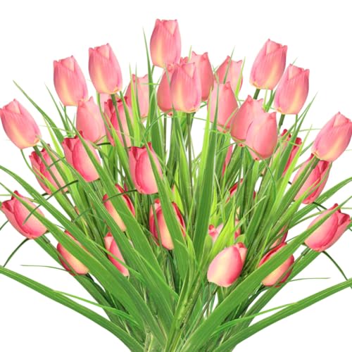 10 Bundles Artificial Tulips Flowers Outdoor,16.5 inch UV Resistant Fake Tulips Real Touch Flowers,Faux Tulips Realistic Flowers for Home Garden Outside Wedding Decor (Pink) - color: Pink