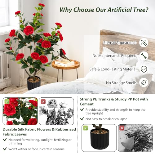 Goplus 38’’ Artificial Camellia Tree, Flower Plants Artificial Tree, Faux Floral Plant Blooming Tree in Cement Pot, Greenery Potted Plant for Indoor Outdoor Office Home Porch Decor - color: Red, size: 3ft 2in