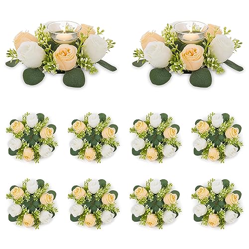 NUPTIO Small Flower Rings for Centerpieces: 9.05 Inch Champagne & White Candle Wreath 10 Pcs for Wedding Party Christmas Table Decorations - Spring Summer Front Door Porch Decor - color: Champagne & White, size: Dia 9.05"-10pcs