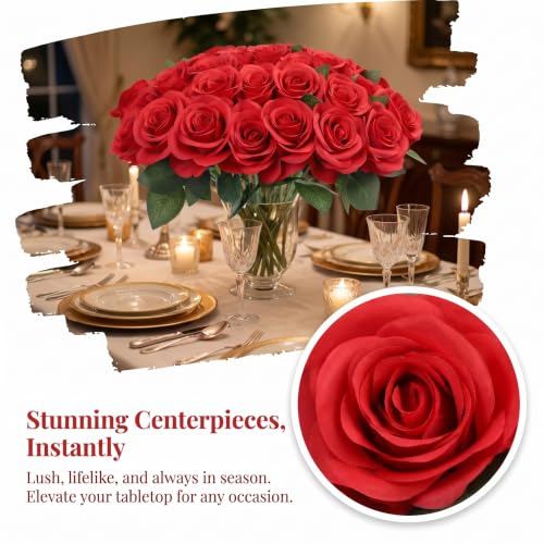 52pcs Red Roses Artificial Flowers Red Fake Flowers Silk Roses with Stems for DIY Wedding Bouquets Bridal Shower Centerpieces Arrangements Party Decorations - color: Red