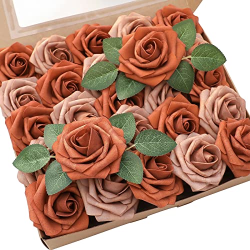 Floroom Artificial Flowers 25pcs Real Looking Burnt Orange & Warm Taupe Foam Fake Roses with Stems for DIY Wedding Bouquets Bridal Shower Centerpieces Floral Arrangements Party Tables Home Decorations - color: Burnt Orange & Warm Taupe, size: 25Pcs