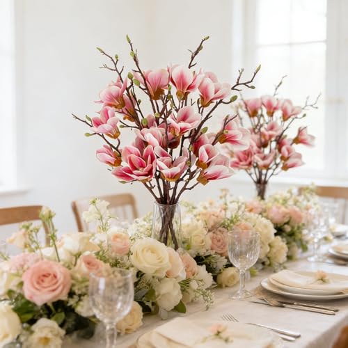 2 PCS 35inch Artificial Magnolia Flowers 3D Real Touch 10 Heads Faux Magnolia Flowers Realistic Long Stem with Green Leaves for Home Wedding Table Office Floral Arrangement Decoration (Pink) - color: Pink, size: 2 PCS