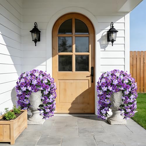 Ivydale Artificial Hanging Flowers for Outdoors, Faux Morning Glory 2Pcs UV & Fading Resistant Silk Flower for Porch Patio Balcony Planter Yard (Purple) - color: Purple