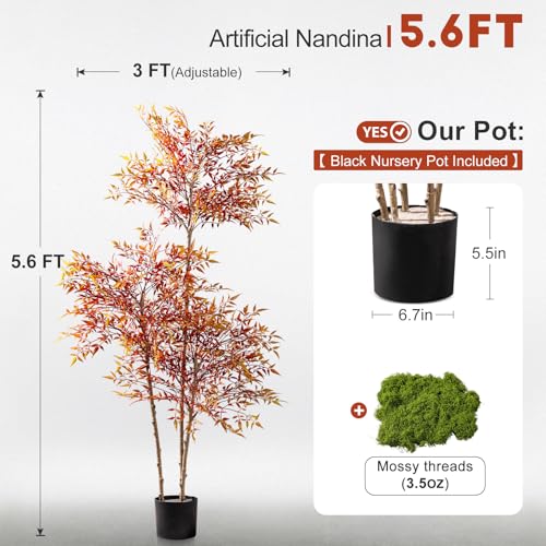 Large Artificial Tree Big Faux Bamboo Plant Indoor Outdoor Realistic Floor Plants Fake Nandina Trees Plastic plantas for Home Living Room Corner Office Patio Porch Bonsai Decor Housewarming Gift - color: Red, size: 5ft 7in