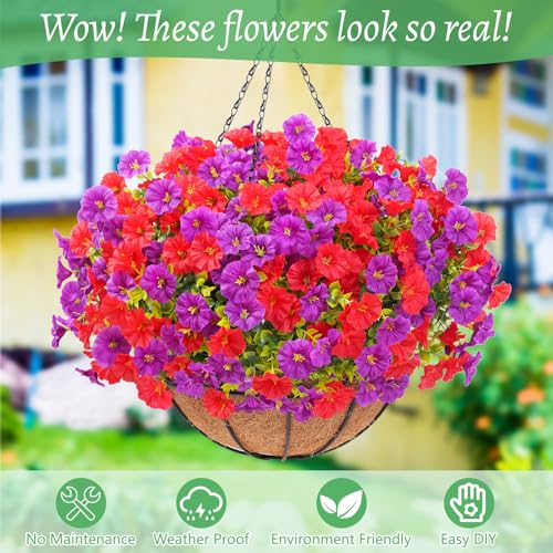 Elyum 2 Pack Artificial Hanging Flowers for Outdoors, Fake Flowers Artificial Petunias Hanging Baskets for Outdoors, UV Resistant Fake Hanging Plants Flowers for Outside Garden Patio Porch Decor - color: Purple&red, size: 2 Pack