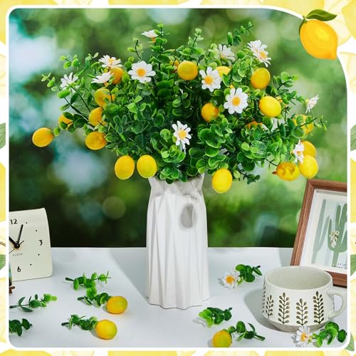 10 Pack Artificial Lemon Branches Decoration Fake Lemon Stems with Green Leaves and Daisies for Farmhouse Home Wedding Birthday Table Centerpiece & Party Arrangement - style: Lemon