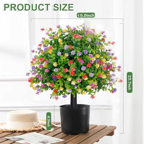THKFUL Topiary Flower Ball Artificial Outdoor Set of 2,Fake Eucalyptus Boxwood Ball Evergreen Tree with Spike,UV Resistant Faux Shrubs Plants D15.8 for Outdoor Planter,Spring,Porch Decor - style: Colorful
