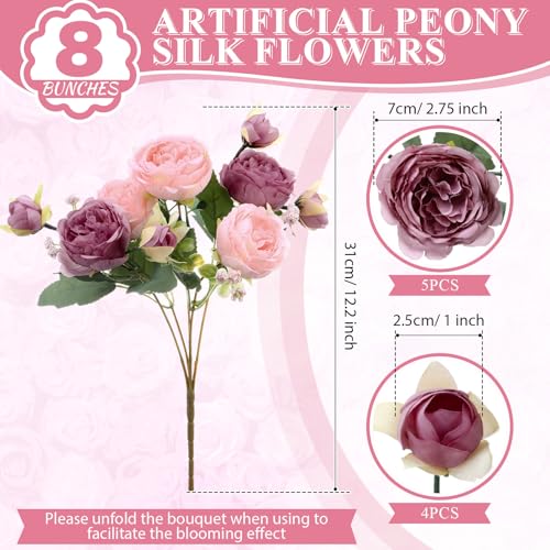 8 Bundles Artificial Peonies Flowers Boho Faux Flowers Arrangements Artificial Centerpiece Spring Bouquet Floral Wedding Decoration for Vase(Pink, Dark Pink) - color: Pink, Dark Pink