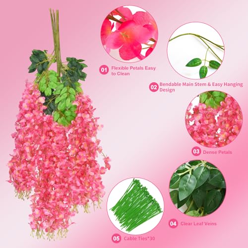 24 PCS Wisteria Hanging Flowers, 3.6ft Fake Wisteria Vines Artificial Wisteria Garland Silk Flower String for Wedding Arch Garden Party Home Ceiling Wall Backdrop Tent Decoration (Pink) - color: Pink, size: 24 Pack