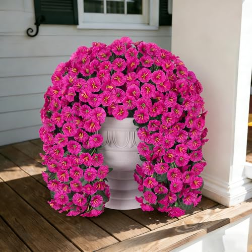 Fake Flowers for Outdoor Spring Decoration, 2 Bundles Artificial Silk Fuchsia UV Resistant Lifelike Morning Glory Long Trailing Vines for Hanging Planter Porch Patio Decor - color: Fuchsia