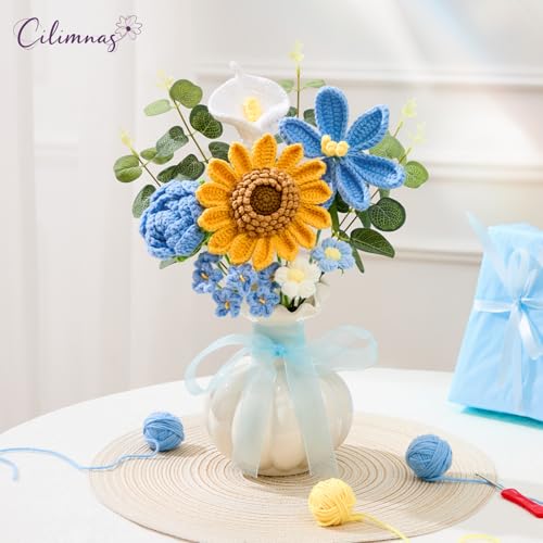 Crochet Flower Bouquet,Blue Knitted Flowers, Handmade Sunflowers Tulips Roses Bouquet for Valentine Day Birthday Anniversary Party Mother's Day Graduation Gifts(with Card) - color: Blue