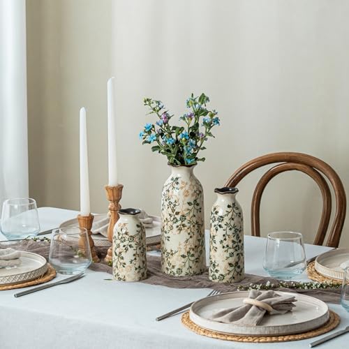 Ceramic Flower Vases Set of 3 | Green Rustic Farmhouse Vase Set for Home Decor, Vintage Floral Decorative Vase for Living Room & Kitchen, Mantel & Bookshelf, Centerpieces, Entryway(5.9+7.9+9.9Inch) - color: 05-green and Beige-set of 3