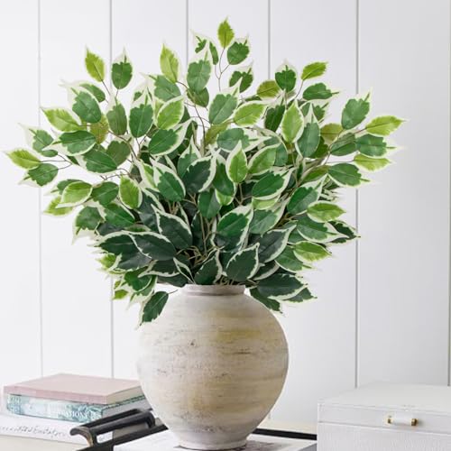 12PCS Ficus Leaves Artificial Branches 24" Faux Ficus Greenery Tree Branches Fake Ficus Leaves Sprays for Tree DIY Arch Wedding Wall Decor - Green & White - color: 24inch-12pcs/Green & White