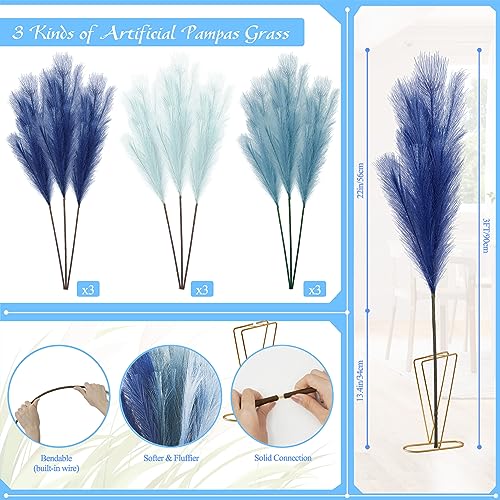 9Pcs 3FT Colorful Faux Pampas Grass for Boho Decor, KALYLOC Non-Shedding Fluffy Artificial Bulrush, Tall Reed Fluffy Stems Vase Filler Living Room Wedding Decoration (Light Blue)… - color: Light Blue