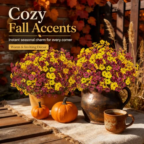Artificial Flowers for Outdoors UV Resistant, 12 Bundles Realistic Faux Daisy with Eucalyptus Leaves Fake Plants for Porch Patio Planter Garden Decoration (Brown Yellow) - color: Brown Yellow