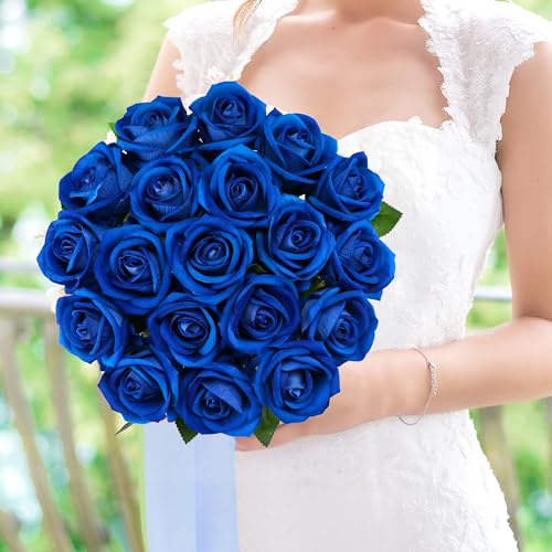 Hawesome Fake Roses Artificial Silk Flowers - 12 Pcs Blue Roses Artificial Faux Flowers with Stems for Home Wedding Centerpiece Hotel Office Decor - color: Blue