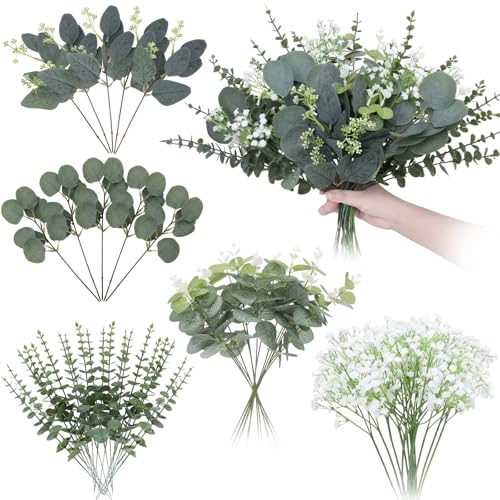 60 Pcs 5 Kinds Mixed Eucalyptus Leaves Stems Artificial Eucalyptus Leaves Bulk Silver Dollar Faux Greenery Picks for Wedding Vase Bouquet Centerpieces Decor - size: 60 Pcs