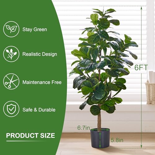 VECELO Artificial Fiddle Leaf Fig Tree 6FT(71in), Tall Fake Floor Plants with 150 Large Realistic Leaves in Plastic Pot for Indoor Outdoor Living Room Home Decor - color: Fiddle Leaf Fig Tree(6ft)